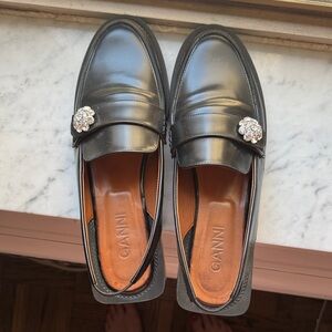 Ganni Black Leather Slip-On Loafers with Crystal Brooches
